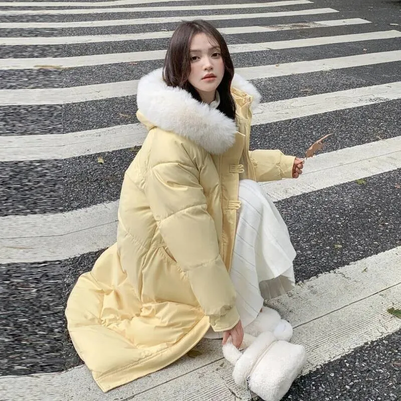 

Yellow Down Jacket Women's Mid-Length 2025 New Winter Hepburn Style Fashion Button Cotton Coat