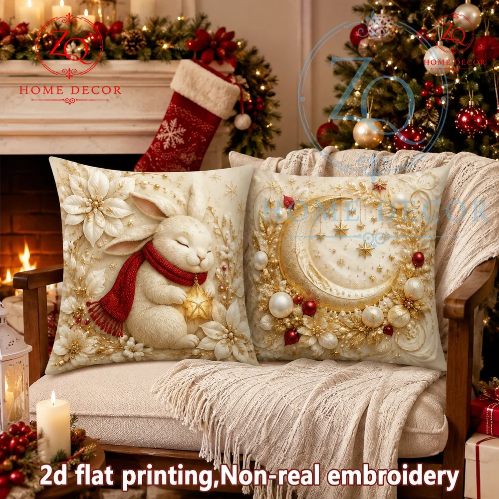 Luxury Christmas Velvet Pillow Cover: Cute Scarf Bunny  Moon Star Wreath Festive Ivory Gold Red Holiday Decor