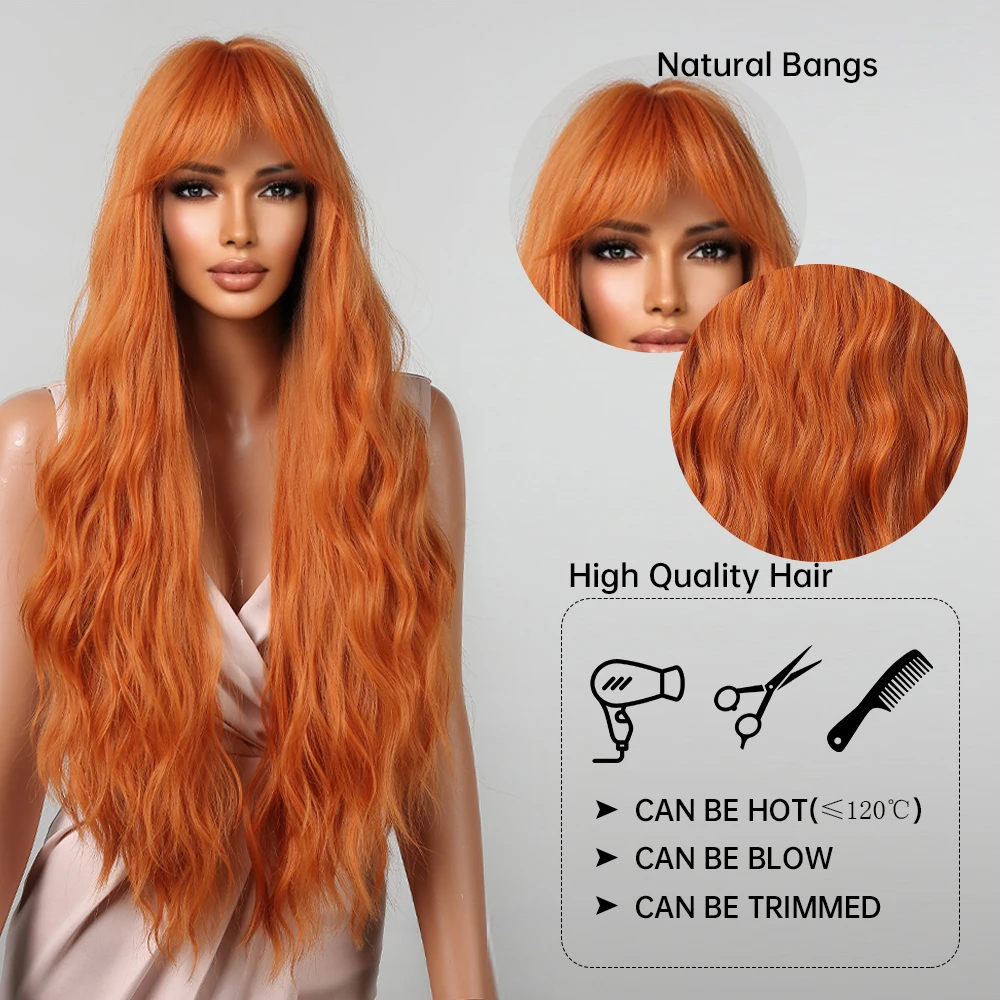 Long Wavy Orange Colorful Cosplay Wigs Deep Wave Copper Ginger Synthetic Wig Bang Hair for Black Women Wig Party Heat Resistant