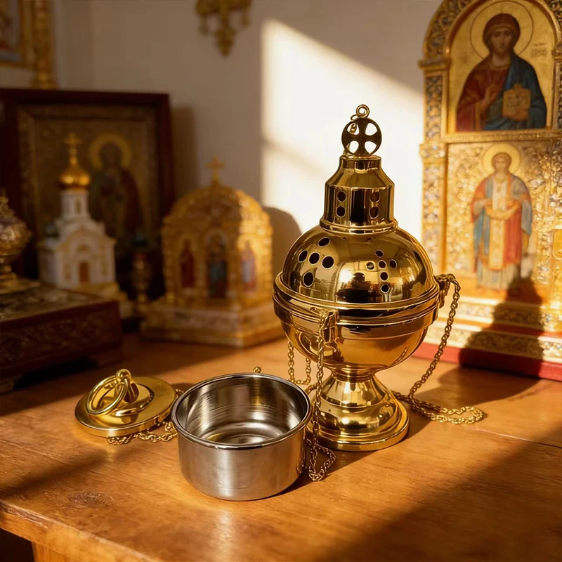 Byzantine Gold Plated Orthodox Hanging Censer with Cross Top and Stainless Steel Bowl for Church Liturgy Incense Burning Devotio