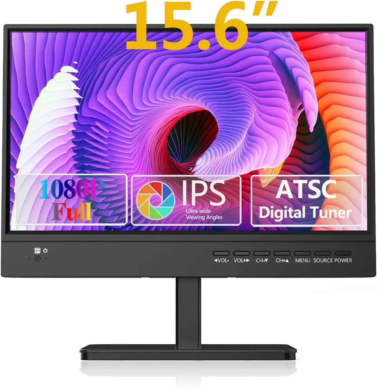 15.6 inch Small TV,Flat FHD IPS 1080P Screen TV with Antenna and Digital ATSC Tuner,HDMI/USB/VGA/Port,12 Volt Car Charger Cable