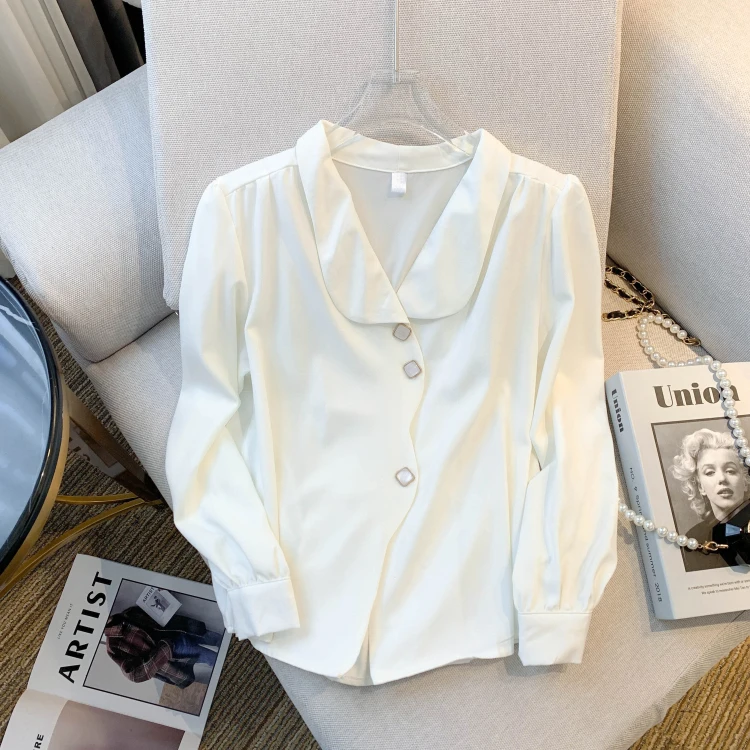 تصميم فاخر غير متناظرة طية صدر السترة كم طويل قميص المرأة أنيقة الفرنسية موضة بلوزة بيضاء الخريف الكورية شيك مكتب القمم جديد #6