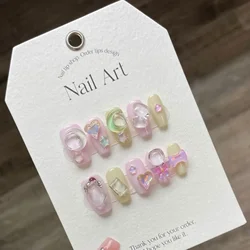 10Pcs Handmade Pink Press on Nails Y2k Cute Long Star Moon Design Reusable False Nails with Glue Acrylic Full Cover Nail Tips