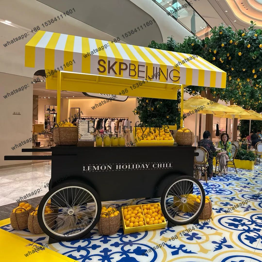 8Lemon theme promotional car Mobile kiosk Yellow and white striped awning Commercial display car