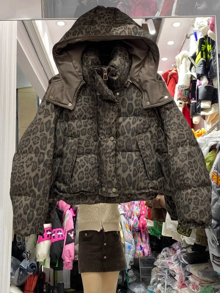 Leopard Print Down Jacket Fashion Y2k Short Women Clothes High Waist Loose Thickened High Quality White Duck Downs Coat Female