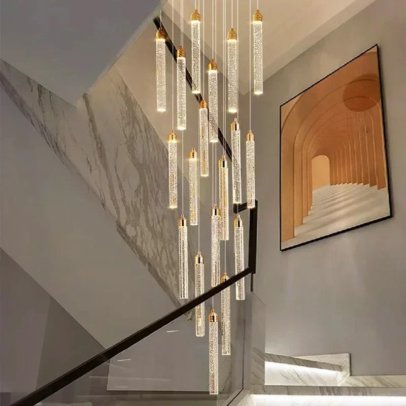 

Multi-column Gold Light Luxury Duplex Large Chandelier Crystal Rotating Loft Villa Rotating High Staircase Long Chandelier