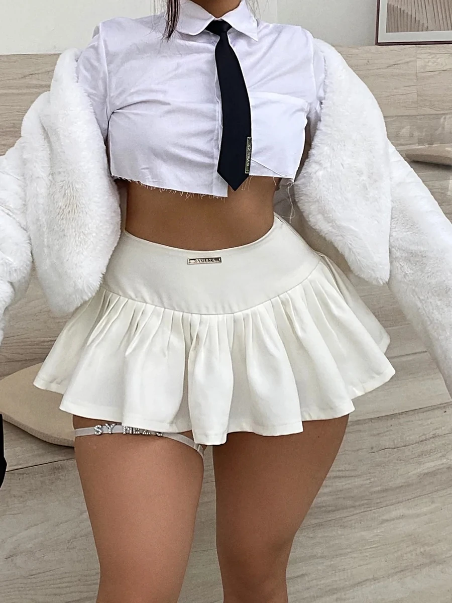 Women Summer Solid Color Pleated Skort Adults Casual Low-rise Letter Label Skirt with Lining Shorts