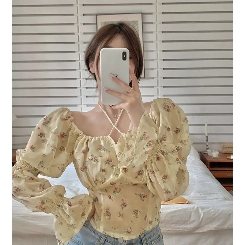 

French Style New Sexy Square Neck Crop Top Women Floral Print Blouse Long Puff Sleeve Shirt Slim Fit Spring Autumn Chic Blouse
