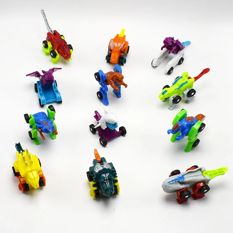 12Pcs/bag Novelty Cartoon Dinosaur Transformer Car Toys Funny Mini Robot Car Model Children's Puzzle Toys Boys Birthday Gifts