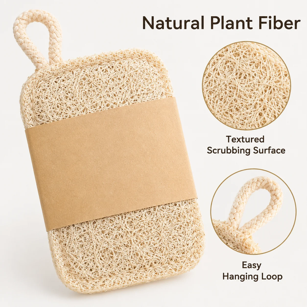Natural Loofah Dish Scrubber, Kitchen Cleaning Sponge Brush for Washing Dishes, Pots and Pans, Durable Plant Fiber Scrubbing Pad with Hanging Loop, Reusable Household Cleaning Tool for Kitchen Sink, Tableware and Daily Washing