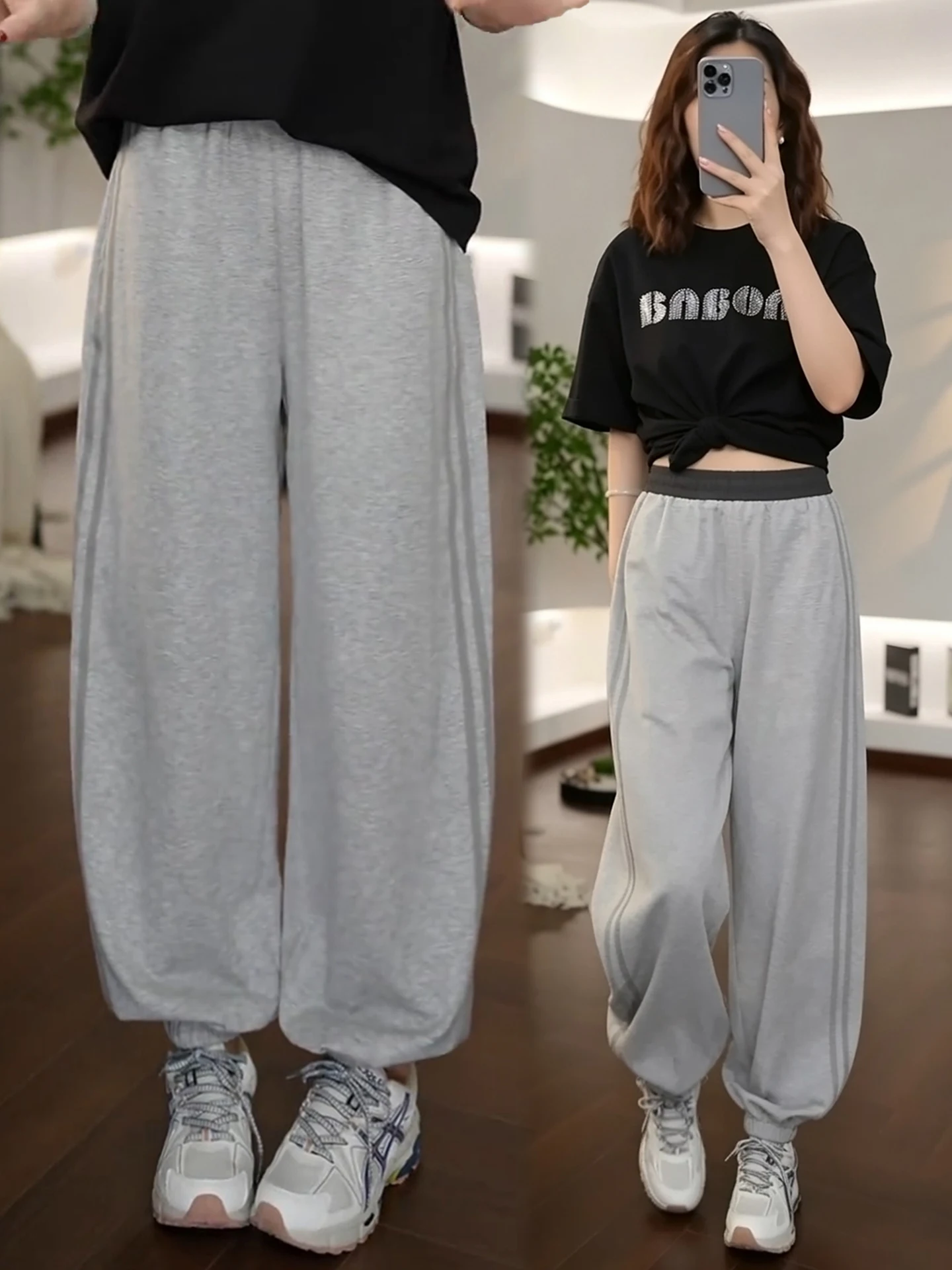 

Casual High Waist Slimming Nine Points Cuffed Sports Pants Women Summer Thin New Fashion Popular Sweatpants Loose Pocket Elastic