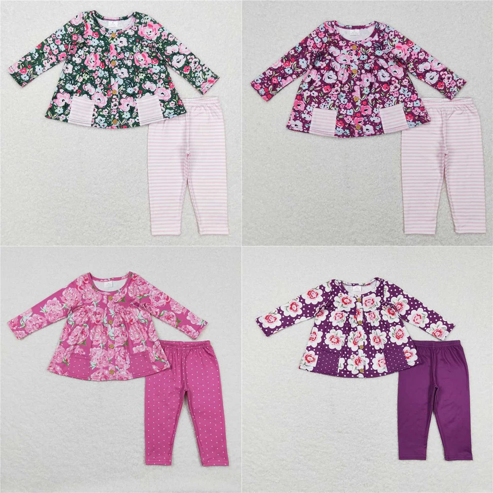 

Wholesale hot sale Baby Girls Clothes Western Boutique Purple long-sleeved pink and white striped pantsuit with flower pockets