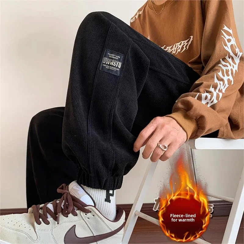 Men's Fleece Lined Corduroy Work Trousers Loose Fit mid Waist Long Pants Autumn Winter Fashion Casual Wear Light Grey
