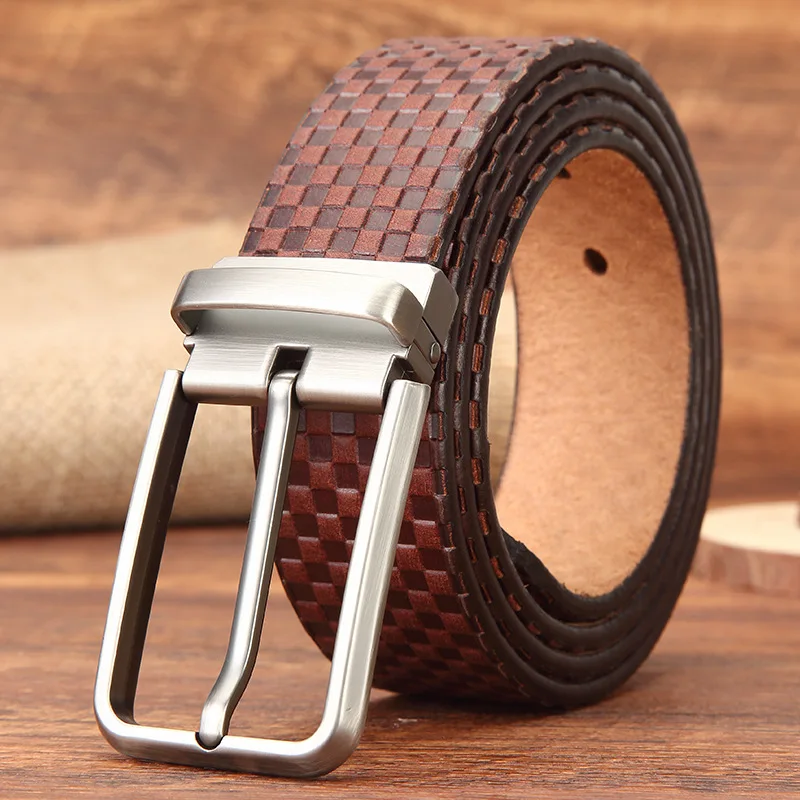 Men Top Grain Cowhide Pin Buckle Leather Belt Deep Embossed Grid Pattern Supple Cowhide Texture Rust Proof Metal Component