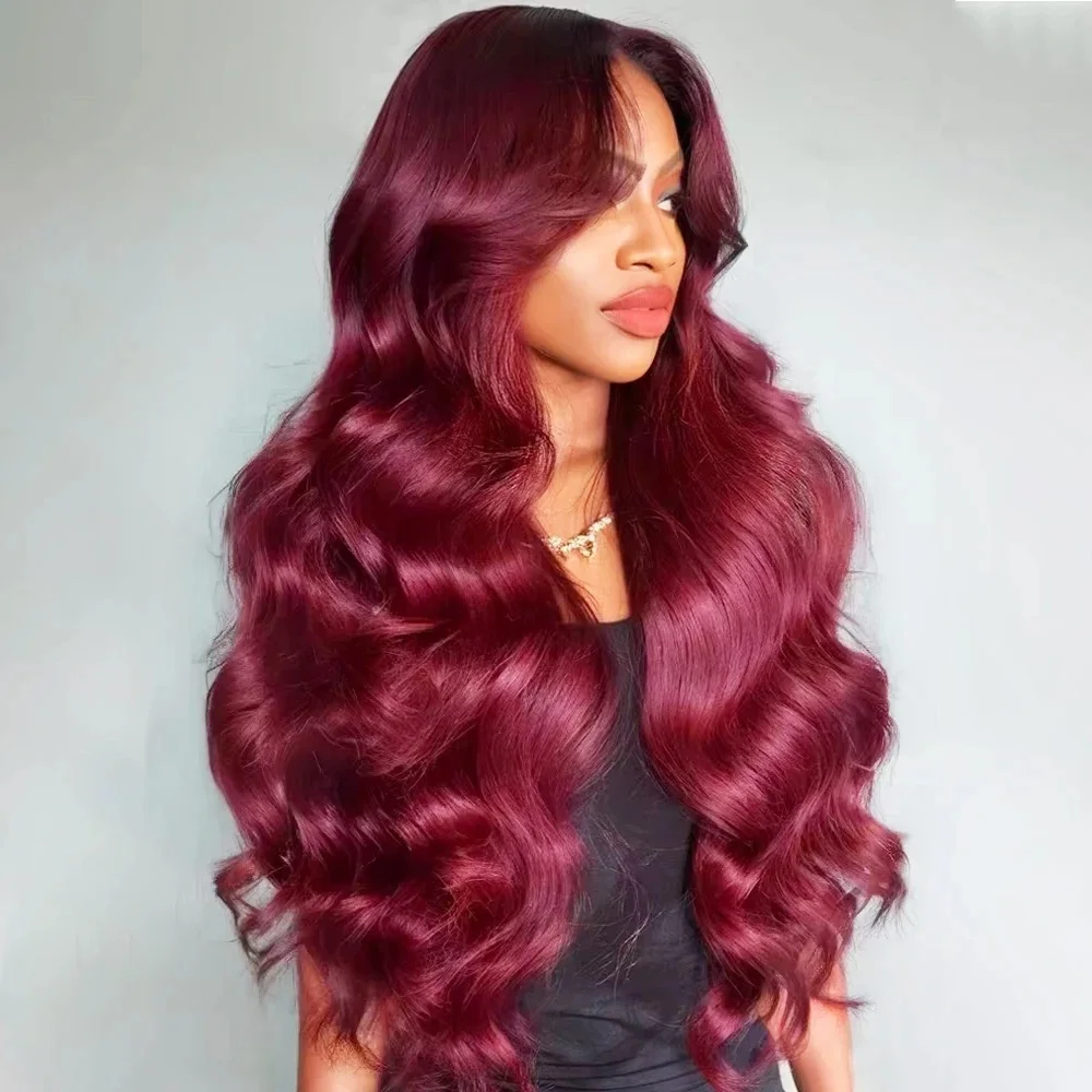 

99J Бургундский парик из натуральных волос с волнистым укладом и кружевной передней частью для женщин, предварительно вычесанный, цвет винно-красный, парик из натуральных волос 13x6 с HD-кружевом