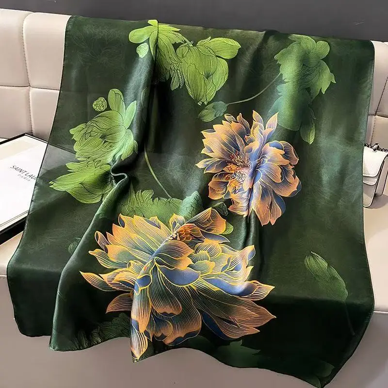 New 88×180CM New Printed Floral Simulated Silk Satin Women’s Silk Scarf Fashionable Sun Protection Outer Shawl Beach Towel 2025