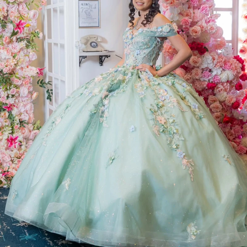 

Зеленое блестящее бальное платье для Quinceanera с аппликациями, цветами, бисером, кристаллами, тюлем, корсетом, открытыми плечами, для Sweet 16, Vestidos 15