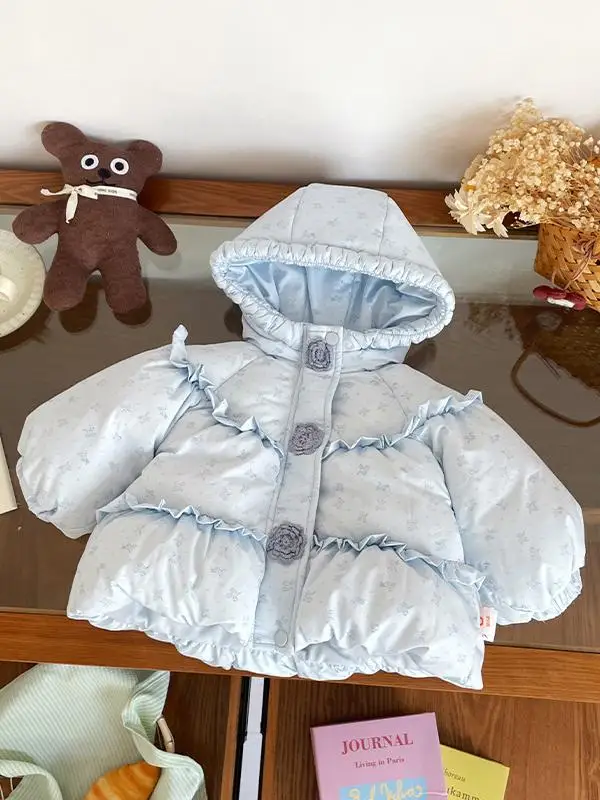 

Children's down Jaet White Du Feather Comfortable Hooded Ruffle Floral Top Girls Winter Faionable Padded Coat