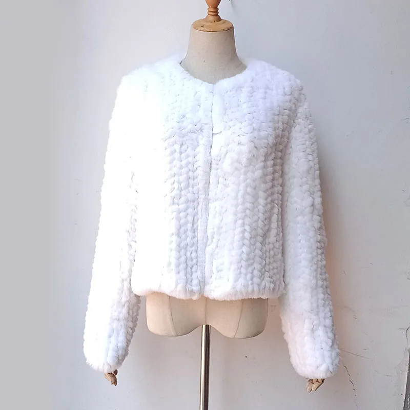 Frauen gestrickt echte Rex Kaninchen Pelzmantel O-Ausschnitt Langarm warme Mode Echtpelz Jacke weibliche Natur pelz Outwear