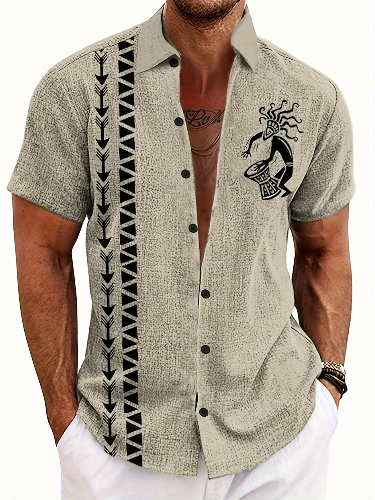 

Men's Tribal-style Drummer Pattern Summer Short-sleeved Shirt Casual and Comfortable Loose Button-down Shirt Elegant Clothing