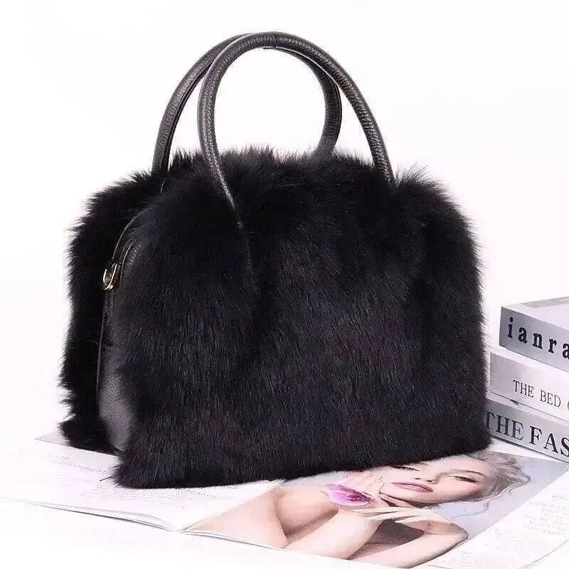 Winter Women Fox Fur Handbags Genuine Cowhide Hard Handle Handbag Full-pelt Red Fur Shoulder Luxury Evening Fashion Bags Tote