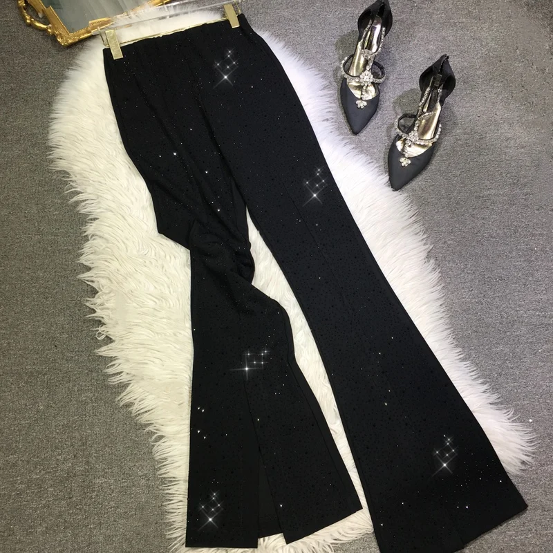 

Fashion Lady Spring Summer Hot Drilling Black Long Trousers All-match Mopping Floor Elegant Full Diamonds Casual Flare Pants