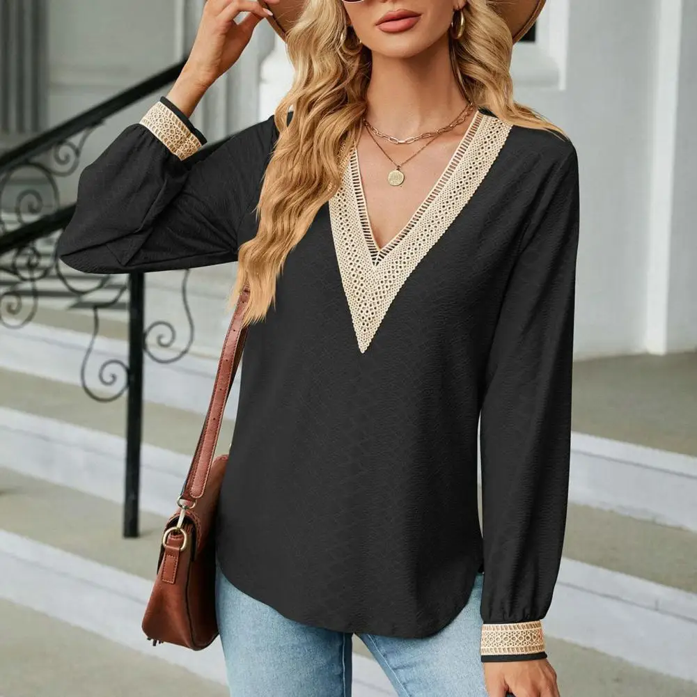 Lace Top Lace Neckline Top Stylish Women's V Neck Patchwork Pullover Soft Casual Mid Length T-shirt Blouse for Spring Fall