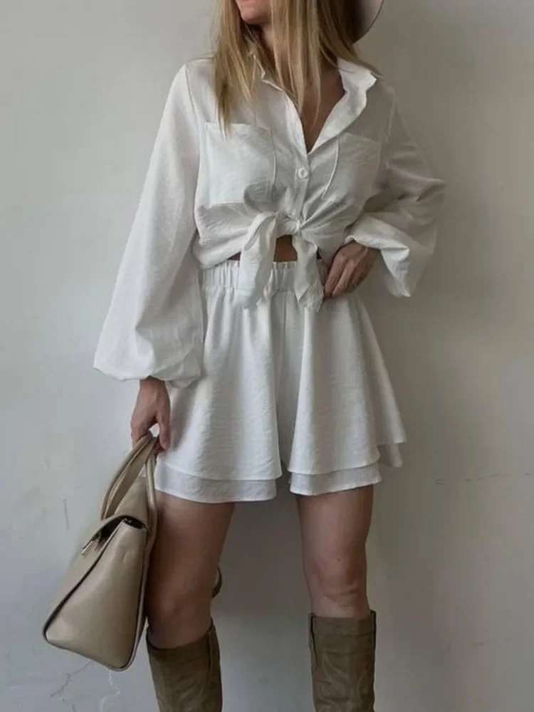 

Nice Summer New Casual Two-piece Sets Women's Holiday Long Puff Sleeve Shirt Wide-leg Shorts Suit Women's Beach Vacation Shorts