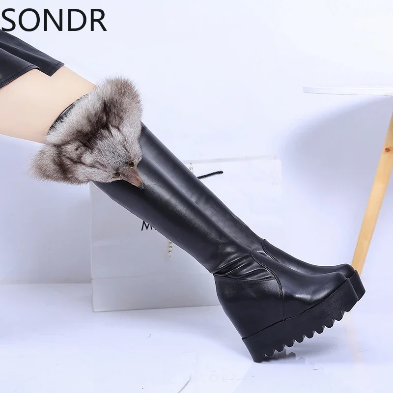 Womens Real Fox Fur Over The Knee Boots Wedge High Heel Platform Shoes Warm Winter Stretchy Black Laides New 2024