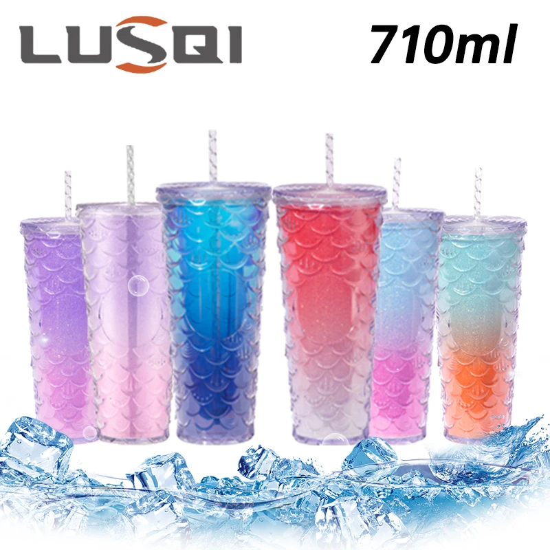 LUSQI 710ml Water Bottles With Straw Large Capacity Reusable - Creative Fish Scale Devise Plastic Drinking Cup