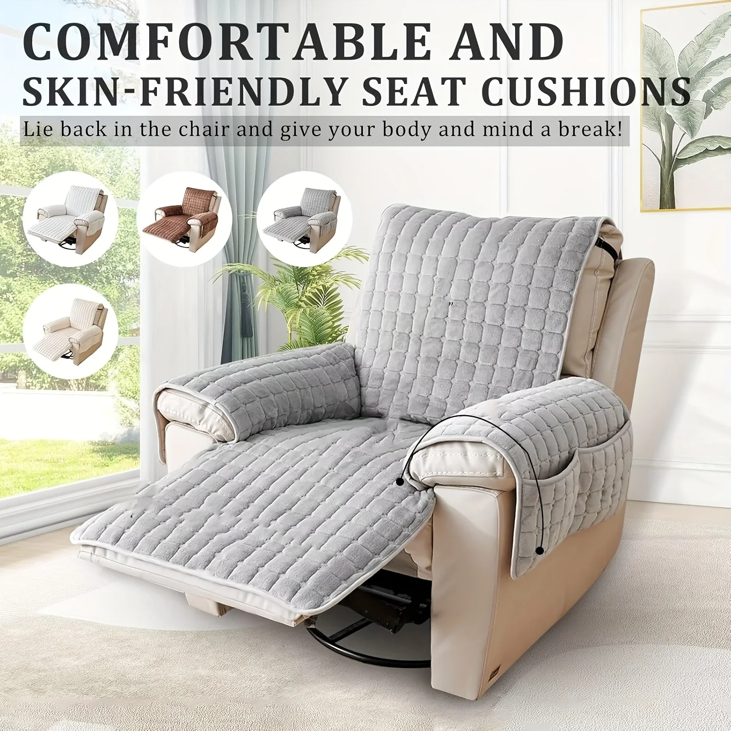 Anti-slip Recliner Chair Cover Solid Color Quilted Seat Slipcover Anti-wear Relax Armchair Coushion for Living Room Home