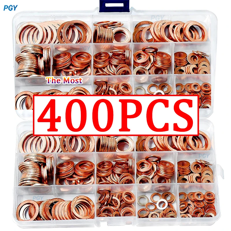 Copper Washer Gasket Nut and Bolt Set 400/300/100PCS Sealing Solid Gasket Washer Flat Ring Seal Assortment Kit For Sump Plugs