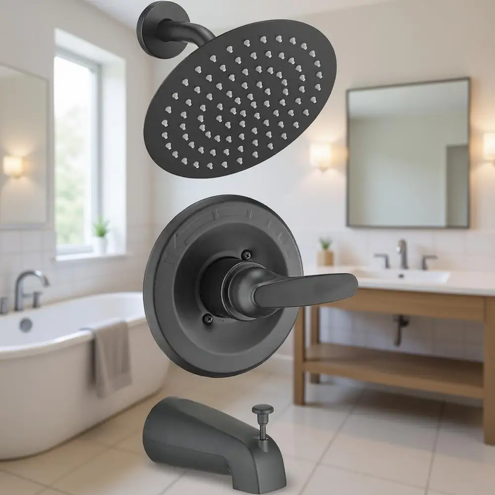 8 Rain Shower Compatible with 13/14 Series Tub Trim Kit, High Pressure Round Shower & Handle Set System, Matte Black