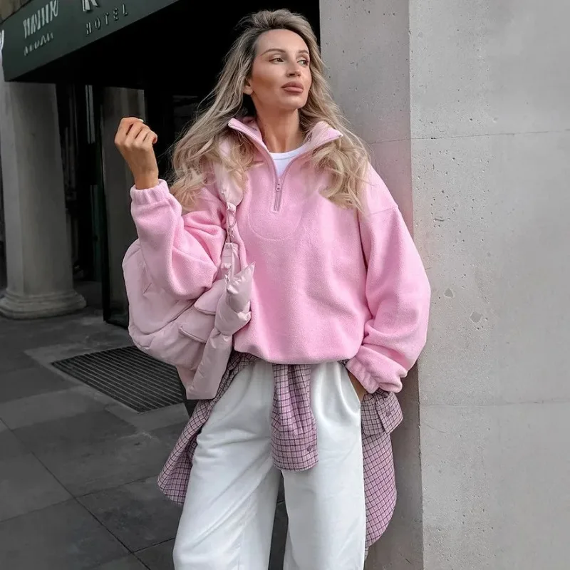 

2025 Polar Fleece Sweatshirts Turn Down Collar Hoodies Solid Women Long Sleeve Sweatshirt High Street Pullover Loose Fit Sports