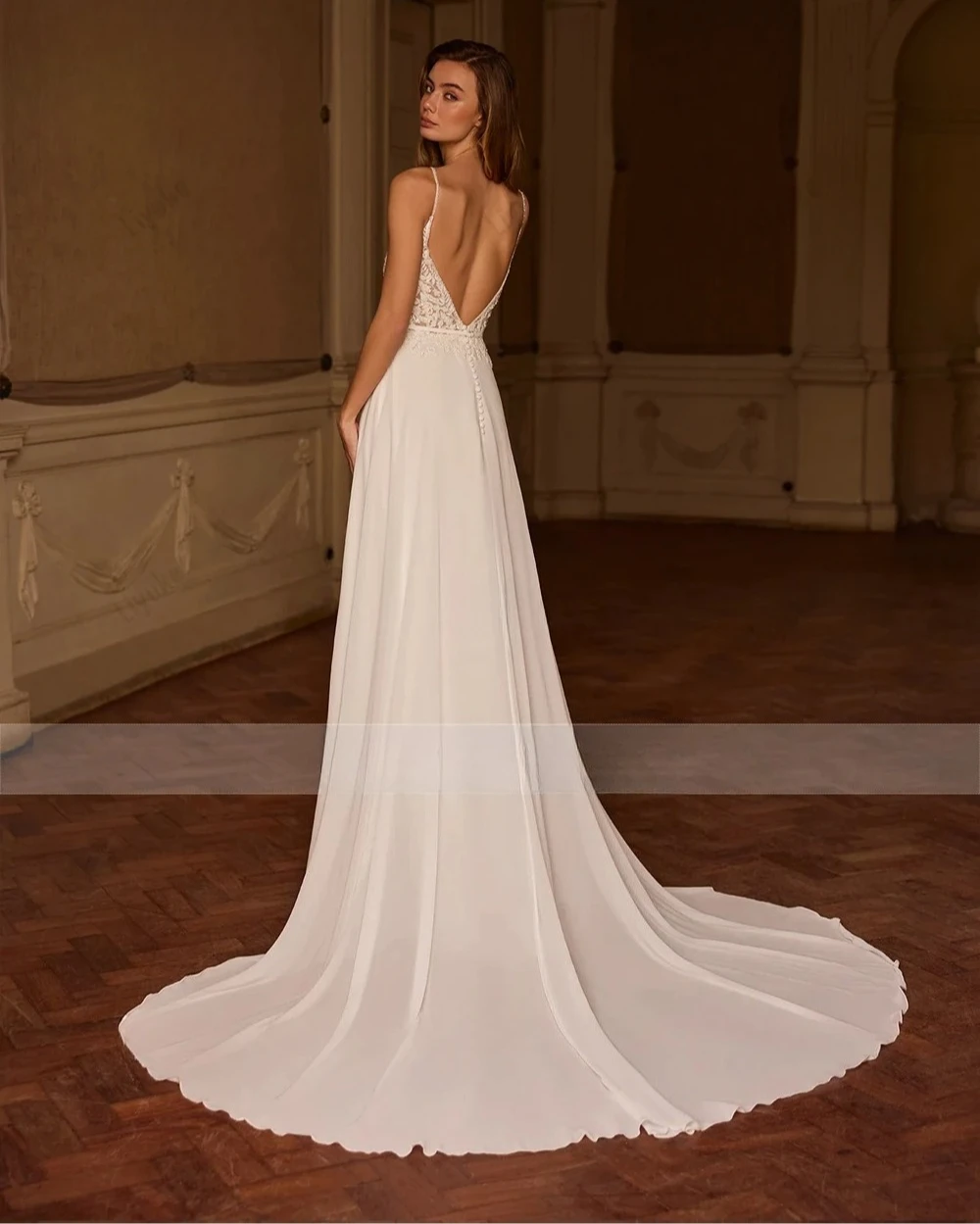 Customized Thin Straps Plunge V A-Line Gown Embellished Bodice Low Back Detachable Shoulder Drape Soft Lightweight Skirt Gown