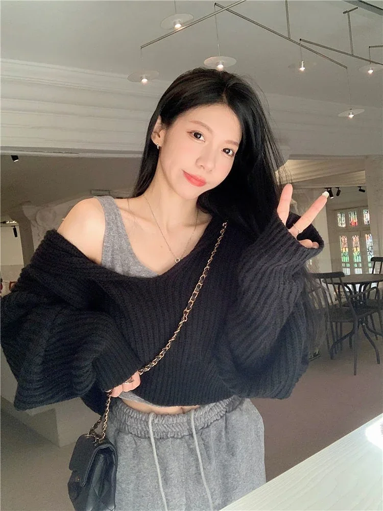 Y2k Aesthetic Grunge Women Sweater Off Shoulder Loose Streetwear Long Sleeve Pullovers Solid Casual Cropped Knitted Sueter Mujer