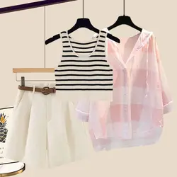 Women's Summer Fashion Sunscreen Shirt Striped Vest Casual Shorts Three Piece 2026 New in Matching Set Korean Elegant Chic Suit