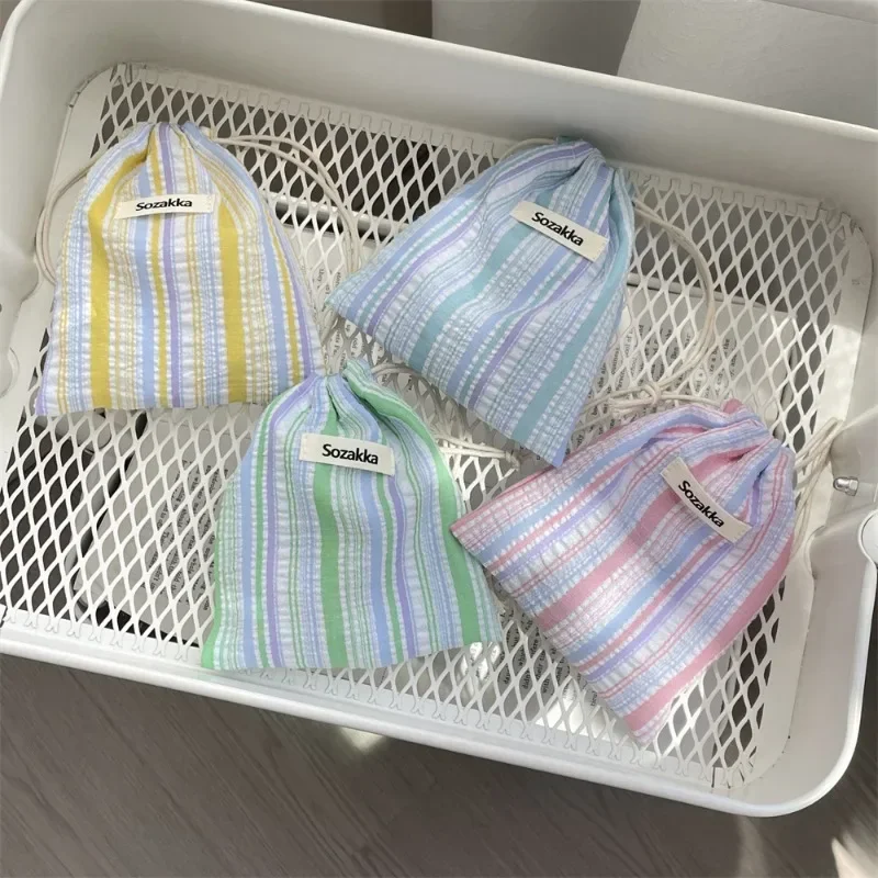 2024 New Folds and Stripes Drawstring Storage Bag Makeup Pouch Portable Durable Bag for Travel