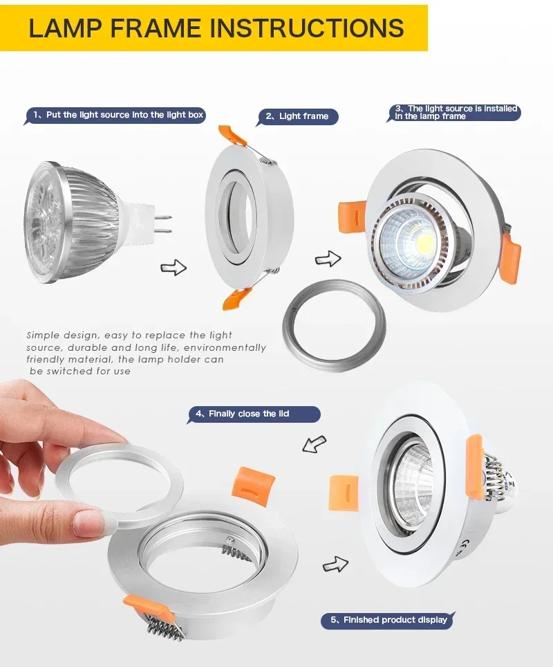 Tecto ajustável Spotlight Fixture, LED embutido Downlight, Frame Habitação, Alumínio, Qualidade Hight, Cut-Out, 65mm, GU10, MR16, 5pcs