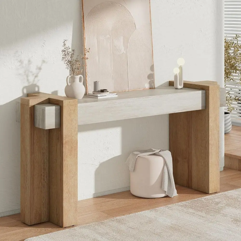 

70.9 Geometric Minimalist Entryway Sofa Table, Suitable for Hallway, Living Room, Limestone & Natural Oak Finish
