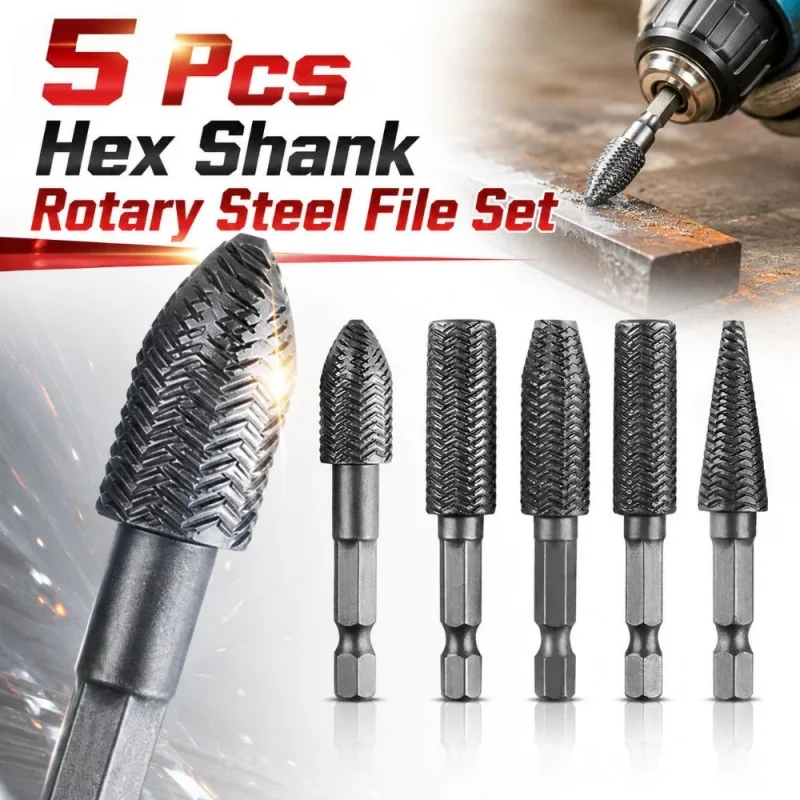 5pcs Carbon Steel Hex Shank Rotary Steel File Set for Electric Grinders/Hand&Lithium Drills Drilling,Grinding,Sanding&Engraving