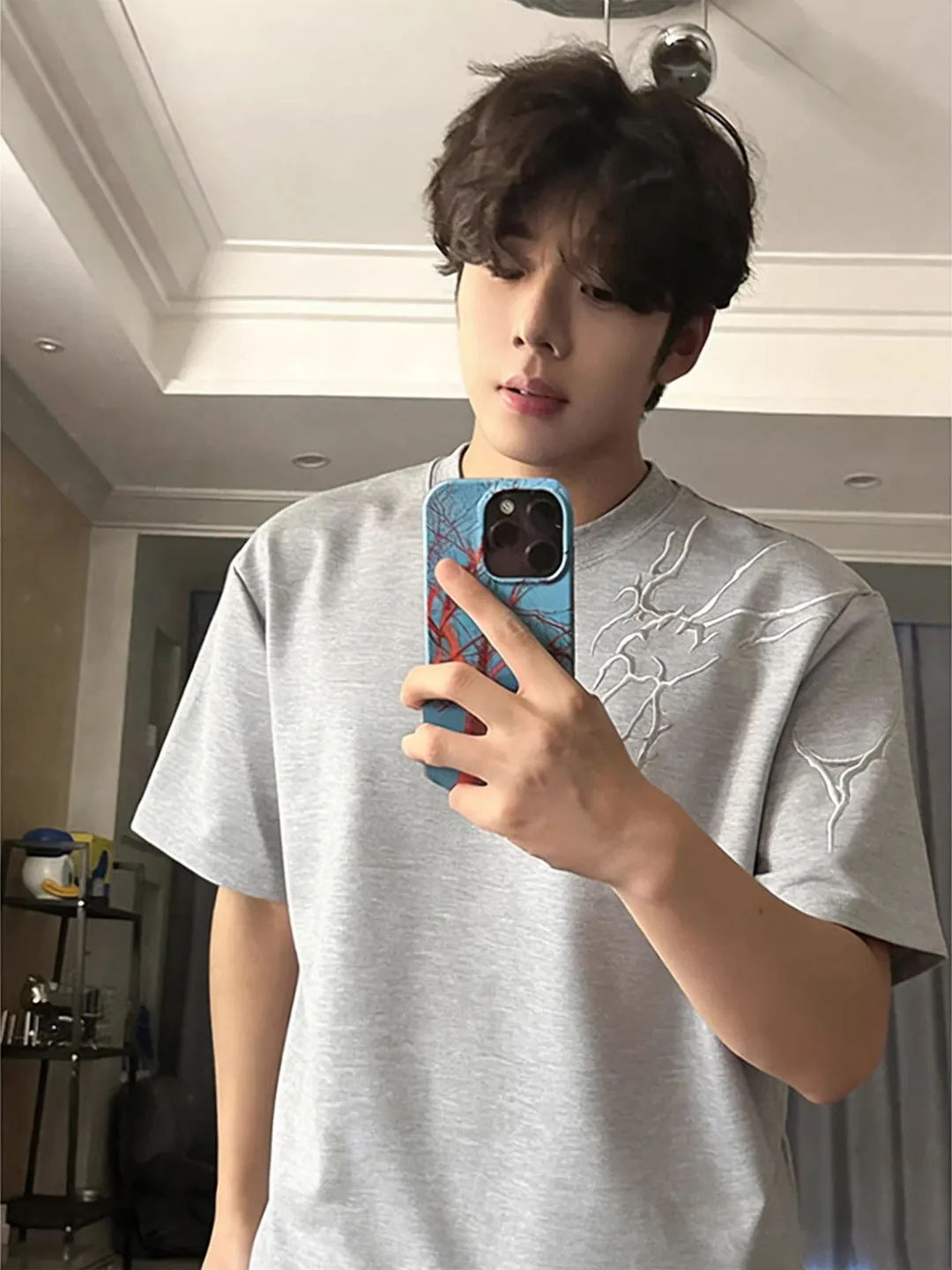 Light Grey Thunder Pattern Embroidery Short Sleeve Men's Summer CleanFit American Shoulder Pad Half Sleeve Small Collar T-Shirt