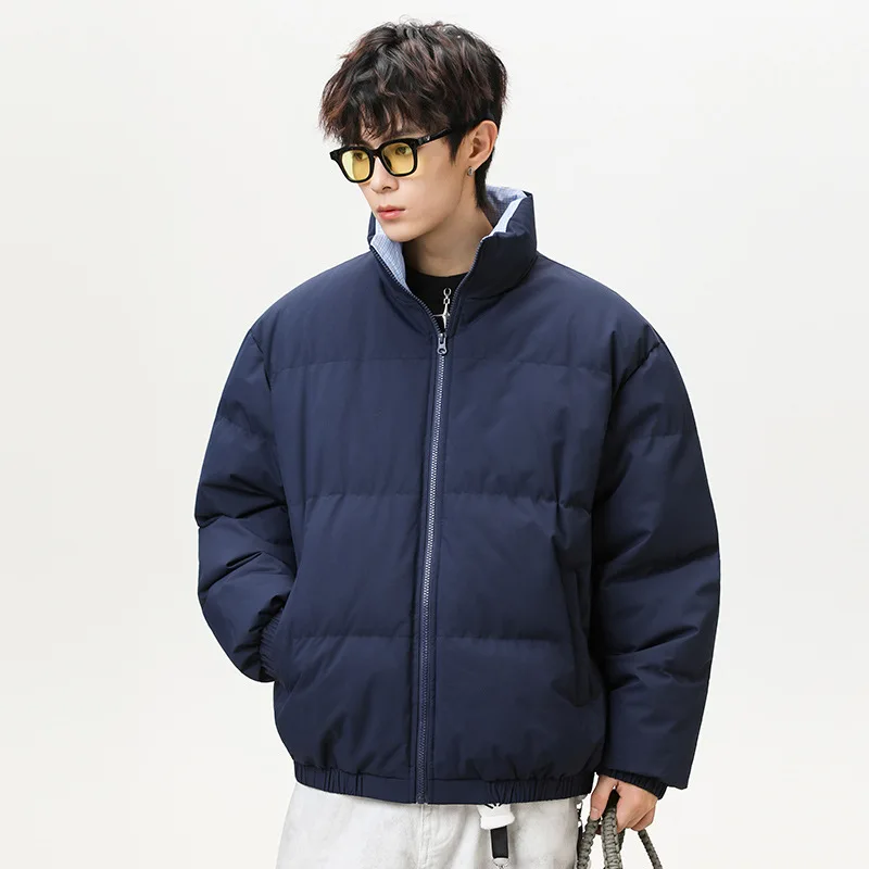 

Man Down Jacket Winter Streetwear Simple Contrast Color Male Outerwear Thicken Stand Collar Long Sleeve Zipper Loose Men Coat