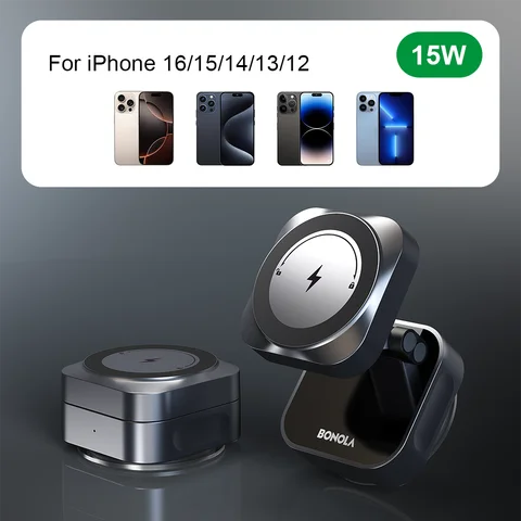 Bonola 15W Vacuum Suction Cup Wireless Charger for iPhone 17/16/15/14 Magnetic Vacuum Charger Stand Folding Use in Car/Dashboard