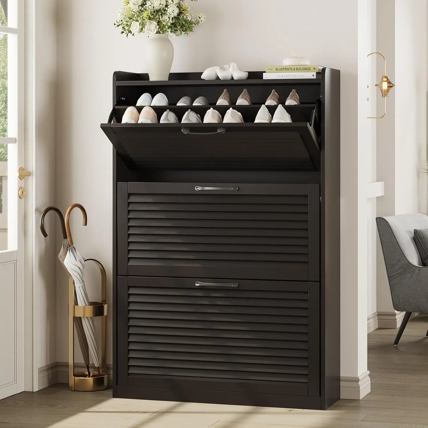 

Shoe Storage Cabinet With 3 Flip Louvered Doors, Freestanding Organizer With Metal Hinges, Shoe Cabinet For Entryway, Narrow