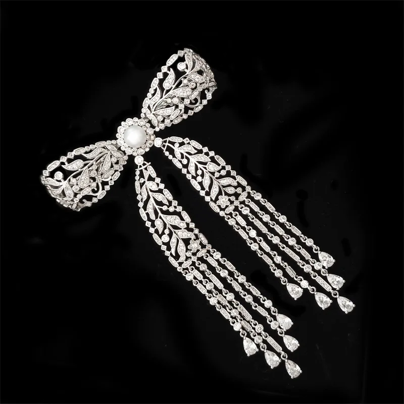 

2023 Elegant Hollow Out Tassel Bow Knot Brooch Shiny Zircon Freshwater Pearl Exquisite Zircon Bowknot Broochpins Women's Corsage