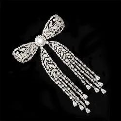 2023 Elegant Hollow Out Tassel Bow Knot Brooch Shiny Zircon Freshwater Pearl Exquisite Zircon Bowknot Broochpins Women's Corsage