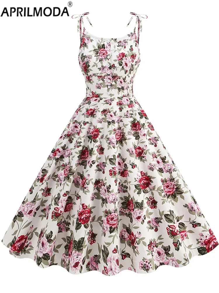 Sexy Party Short Cocktail Vintage Dress with Pocket Spaghetti Straps 2024 Bow Button Shirt Floral Print Hepburn Style 50s Dress