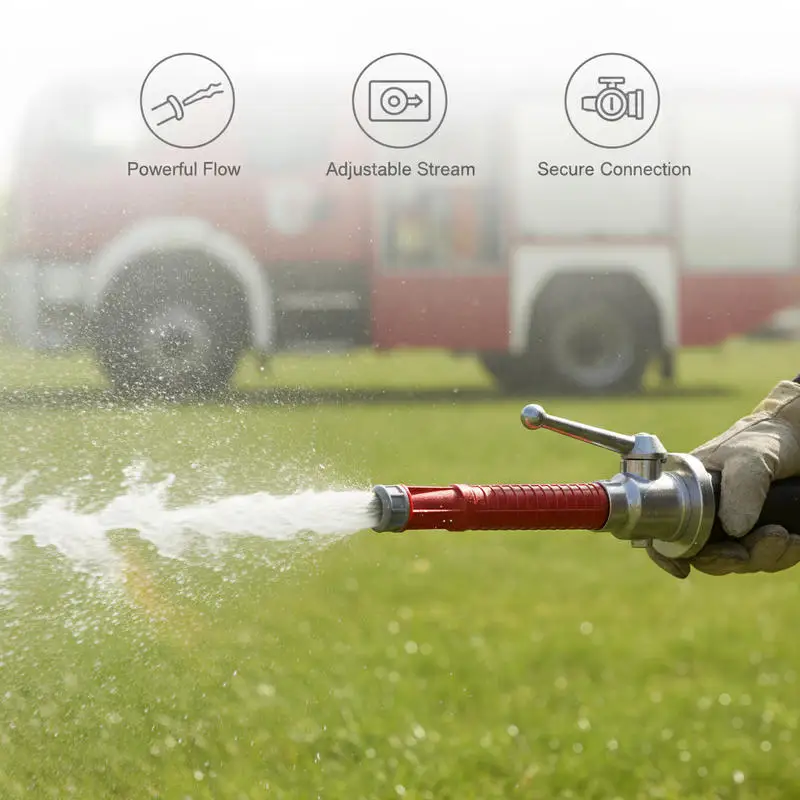 Lance d'incendie en aluminium et plastique avec raccord C 2 pouces, pression 8 bars, débit 160 L/min et portée 14 m. Commande rotative à 180°. °   Régulateur de jet, adapté aux urgences, à l'atelier et au nettoyage extérieur.