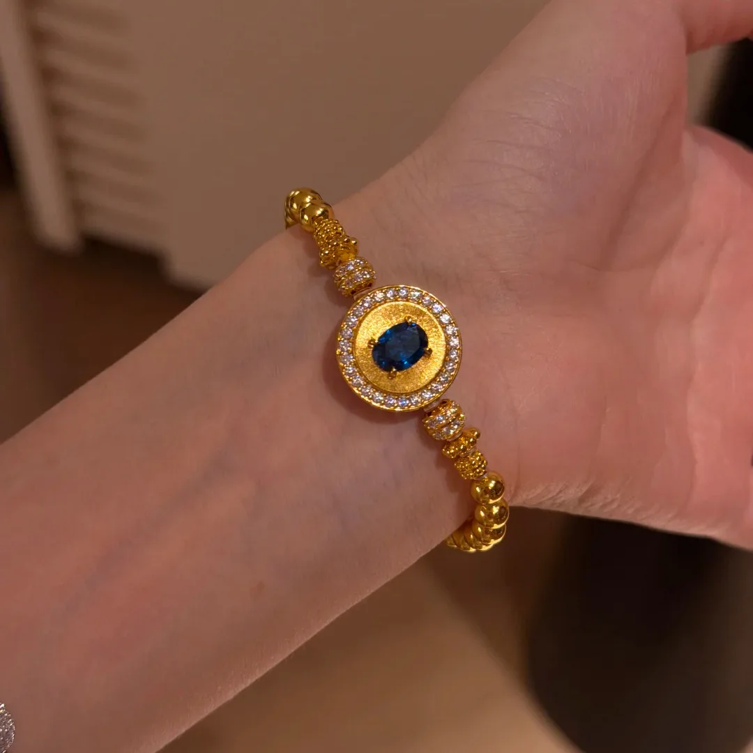 925 Sterling Silver Gold Plated Micro Inlaid Pigeon Egg Bracelet Featuring High Carbon Diamond Blue Spinel Elastic Rope Jewelry